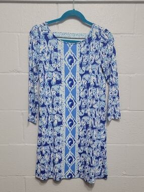 Lilly Pulitzer Blue Boho Elephant Print Long-Sleeve Women's Tunic Dress